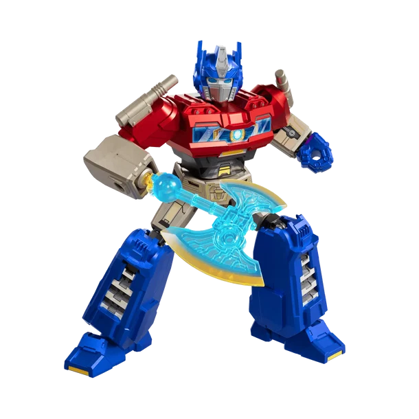 Optimus Prime toy figure in a dynamic pose, featuring a red and blue body with gray mechanical details and a translucent blue axe accessory, isolated on a white background.