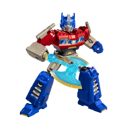 Optimus Prime toy figure in a dynamic pose, featuring a red and blue body with gray mechanical details and a translucent blue axe accessory, isolated on a white background.