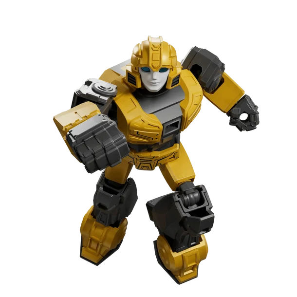 Yellow and black robot toy figure on a white background