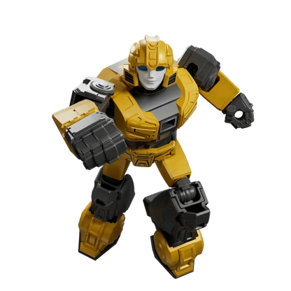 Yellow and black robot toy figure on a white background