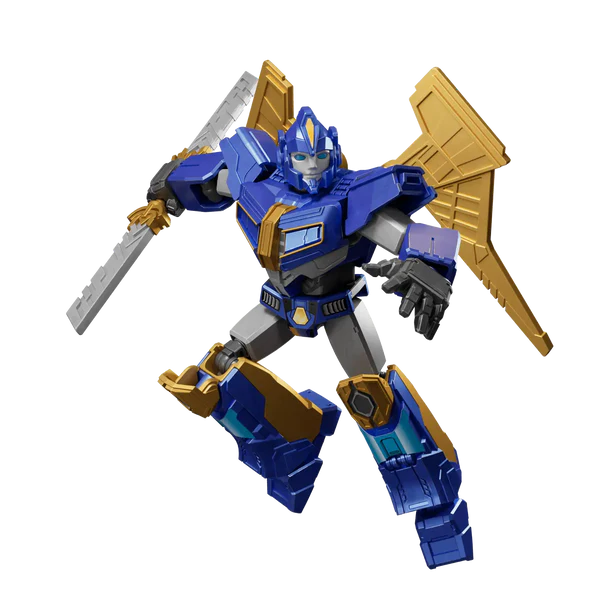 Toy robot figure with blue and gold color scheme on a white background