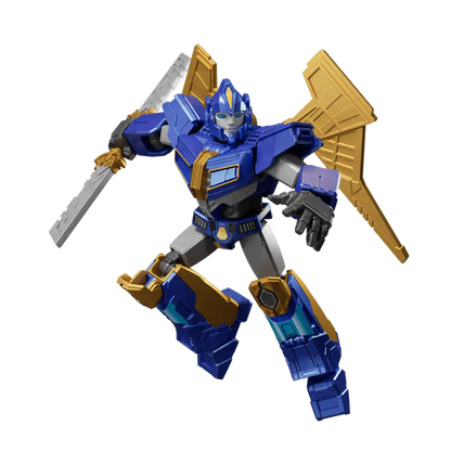 Toy robot figure with blue and gold color scheme on a white background