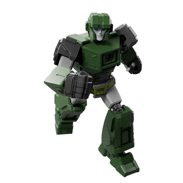 Green and gray robot action figure on a white background