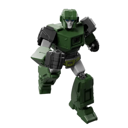 Green and gray robot action figure on a white background