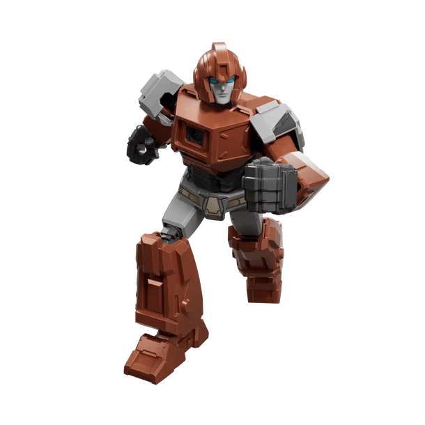 Toy robot figure with brown and gray color scheme on a white background