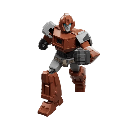 Toy robot figure with brown and gray color scheme on a white background