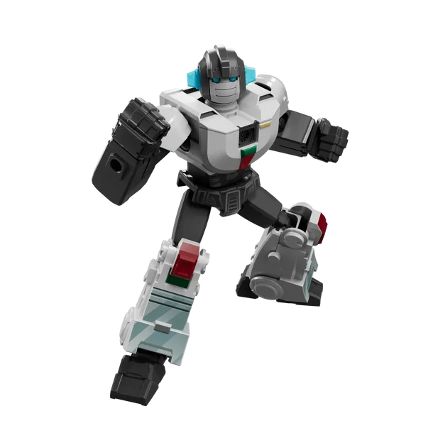 A small toy robot figure with a white, gray, and black body, blue eyes, and small red and green details, shown on a plain white background.