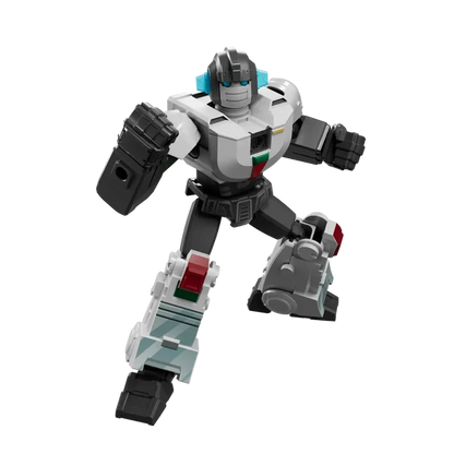A small toy robot figure with a white, gray, and black body, blue eyes, and small red and green details, shown on a plain white background.