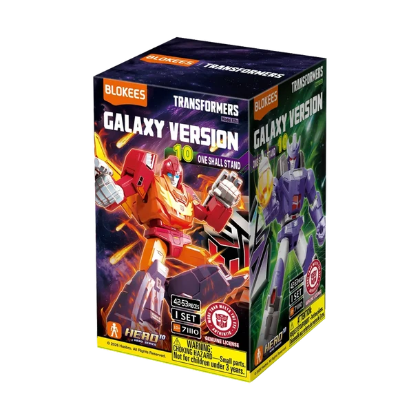 Blokees Transformers Galaxy Version 10 One-Shall Stand toy box, featuring a red and orange robot on the front and a purple robot on the side panels, set against a plain white background.