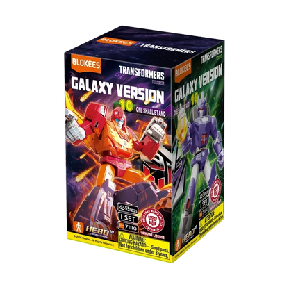 Blokees Transformers Galaxy Version 10 One-Shall Stand toy box, featuring a red and orange robot on the front and a purple robot on the side panels, set against a plain white background.