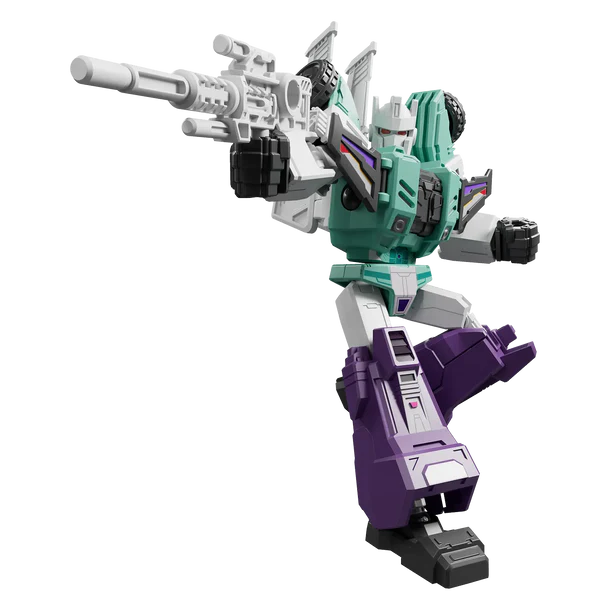 A Transformers-style robot action figure or toy model in a dynamic pose, holding a large gray weapon. The figure is primarily teal green, white, and purple with black accents, shown on a plain white background.