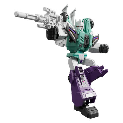 A Transformers-style robot action figure or toy model in a dynamic pose, holding a large gray weapon. The figure is primarily teal green, white, and purple with black accents, shown on a plain white background.