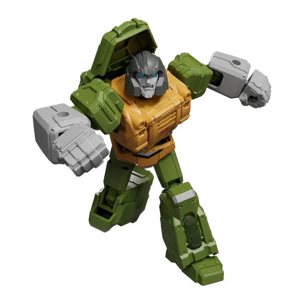 A toy robot figurine with a green body, yellow-orange chest, gray head, and gray arms, posed dynamically on a plain white background.