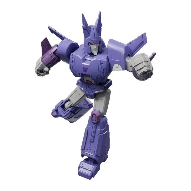 A purple and gray robot action figure or toy model shown in a dynamic pose on a plain white background.