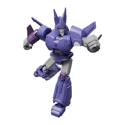 A purple and gray robot action figure or toy model shown in a dynamic pose on a plain white background.