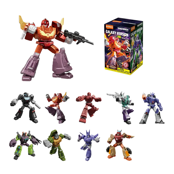 Collection of Transformers action figures with a box in the background