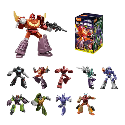 Collection of Transformers action figures with a box in the background