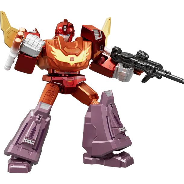 Transformers action figure of a red and orange robot with purple legs, holding a black rifle, on a plain white background.