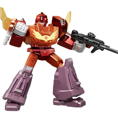 Transformers action figure of a red and orange robot with purple legs, holding a black rifle, on a plain white background.