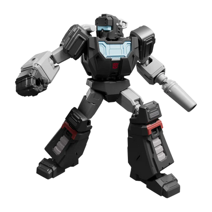 A toy robot action figure in a dynamic pose, featuring a black and gray body with light blue accents on the chest and visor, and small red details, isolated on a white background.