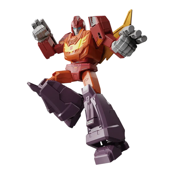 A toy robot figurine in a dynamic action pose, colored primarily in red and orange with dark purple legs and gray weapon details, isolated on a white background.