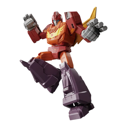A toy robot figurine in a dynamic action pose, colored primarily in red and orange with dark purple legs and gray weapon details, isolated on a white background.