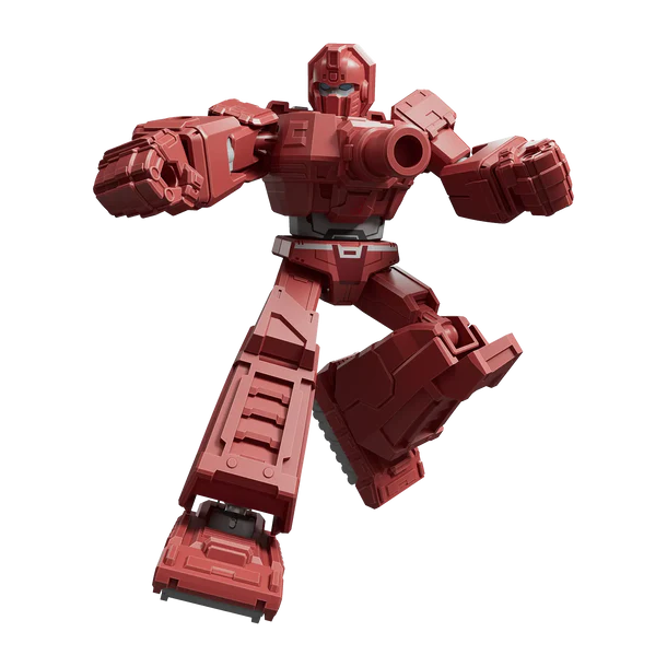A red robot action figure or toy model posed dynamically against a plain white background.