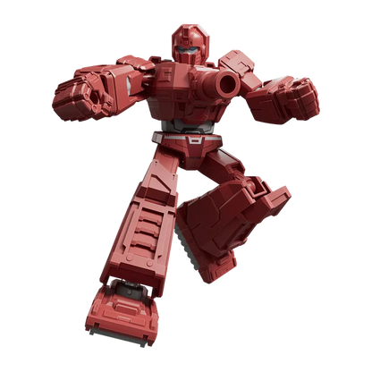 A red robot action figure or toy model posed dynamically against a plain white background.