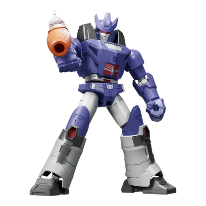 A Transformers-style robot action figure in a blue-purple, silver, and gray color scheme, holding an orange cannon-like accessory, photographed on a plain white background.