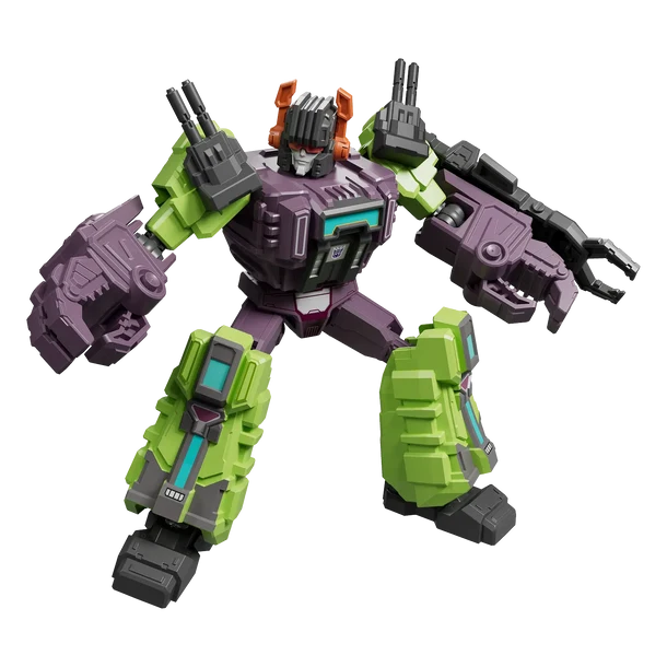 Transformers action figure of a bipedal robot with a purple body, lime green arms and legs, and black and orange details, posed dynamically on a white background.