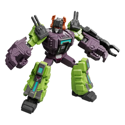 Transformers action figure of a bipedal robot with a purple body, lime green arms and legs, and black and orange details, posed dynamically on a white background.