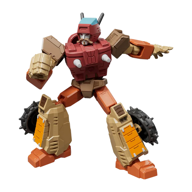 A toy robot action figure with a red torso, tan and orange limbs, black tire wheels, and a small blue top on its head, posed against a plain white background.