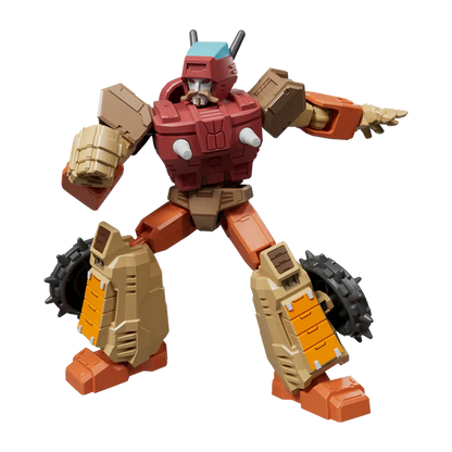 A toy robot action figure with a red torso, tan and orange limbs, black tire wheels, and a small blue top on its head, posed against a plain white background.