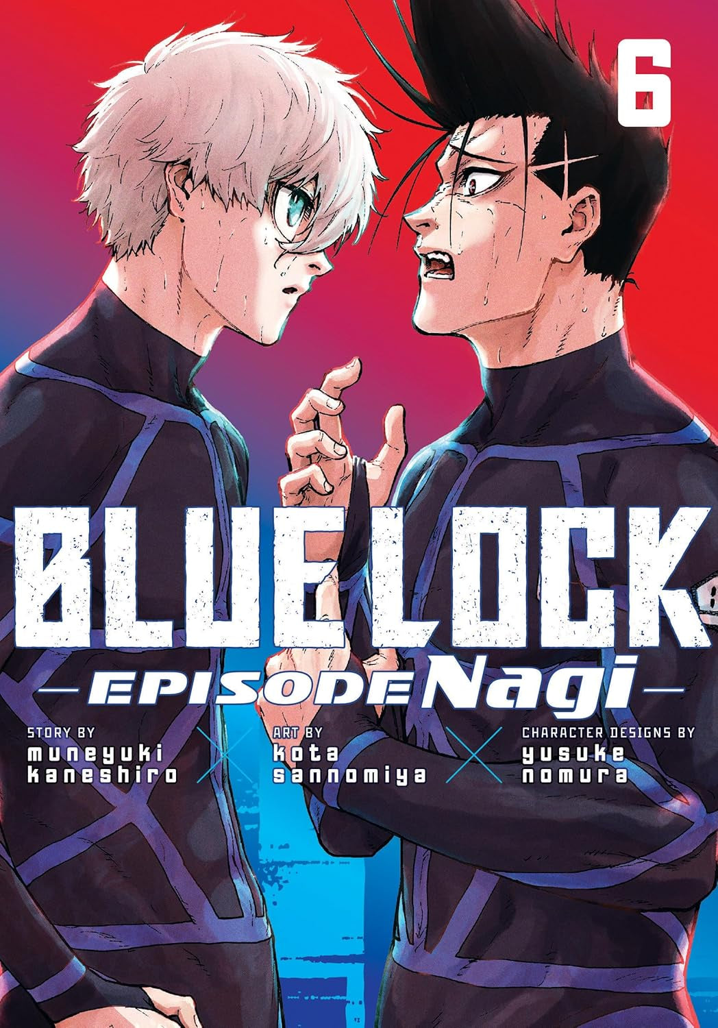 Manga book cover of 'Blue Lock Episode Nagi' with two characters facing each other on a red and blue gradient background.