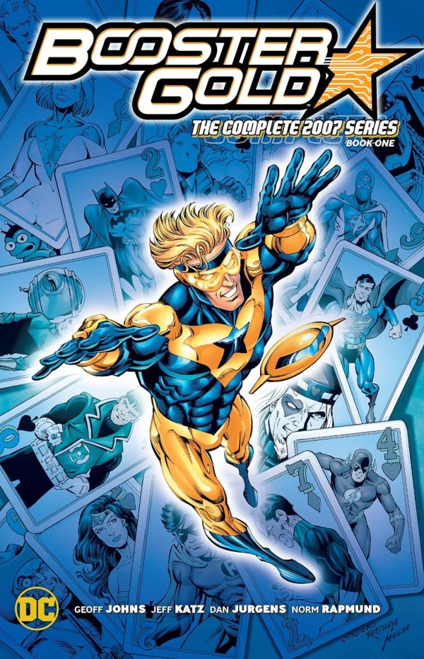 Comic book cover featuring Booster Gold with a blue and yellow color scheme.