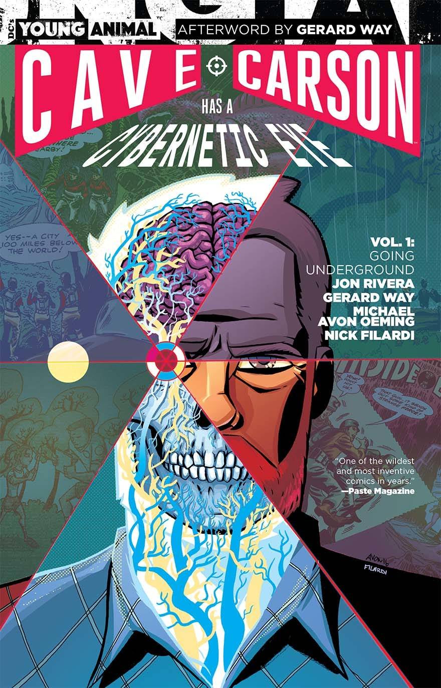 Comic book cover featuring a stylized character with neural network graphics and text about Cave Carson and cybernetic elite.