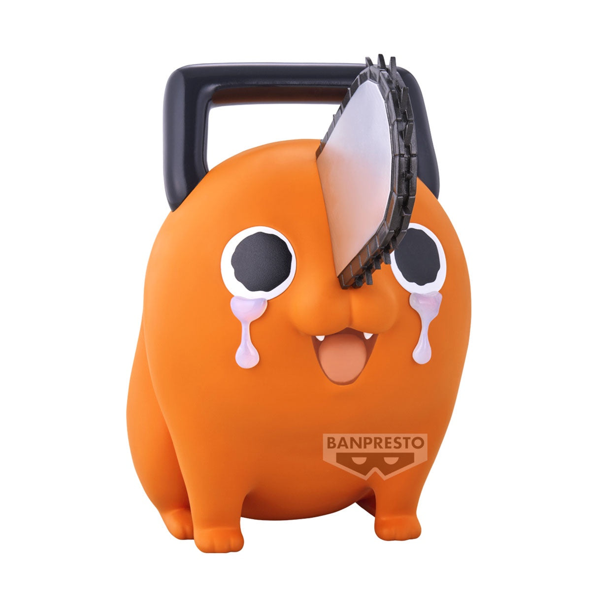 Orange character figurine with a black handle, resembling a tool, on a white background. Brand 'Banpresto' visible.