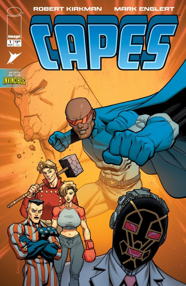 Comic book cover of 'Capes' featuring characters in superhero poses with an orange background.