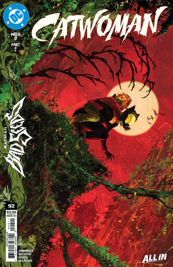 Comic book cover for DC's Catwoman Issue 9, Part 2, featuring a red jungle scene with Catwoman hanging from a tree branch in front of a large full moon.