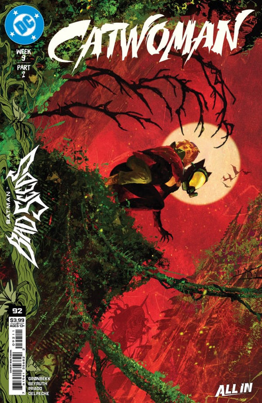 Comic book cover for DC's Catwoman Issue 9, Part 2, featuring a red jungle scene with Catwoman hanging from a tree branch in front of a large full moon.