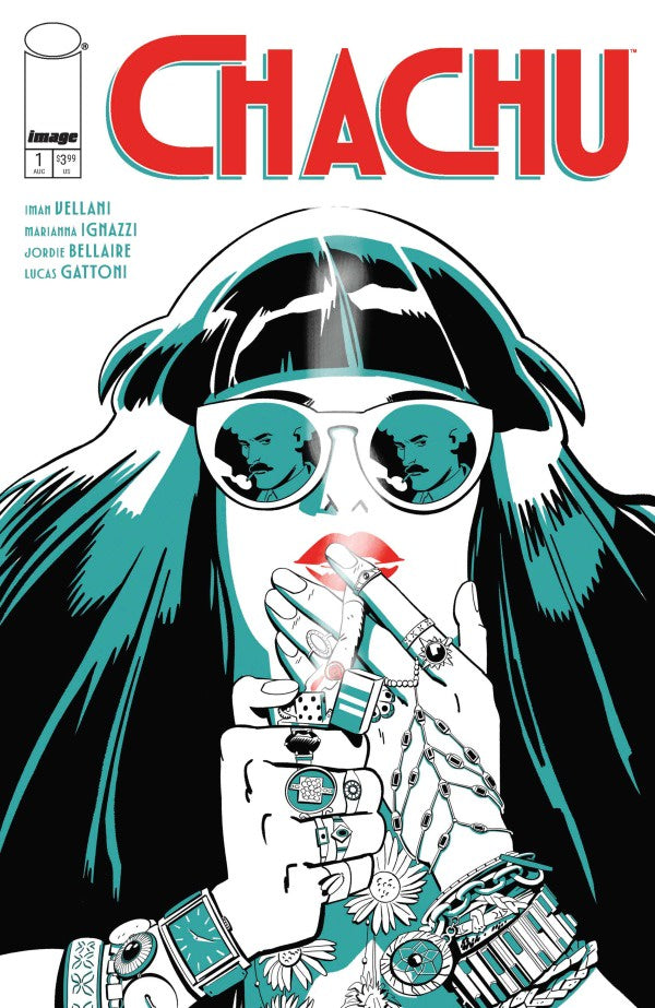 Comic book cover for Chachu #1 published by Image Comics, featuring a stylized illustration of a woman with long dark hair, a black beret, round sunglasses, and multiple rings, holding a cigarette. The title 'CHACHU' is displayed in large red letters at the top.