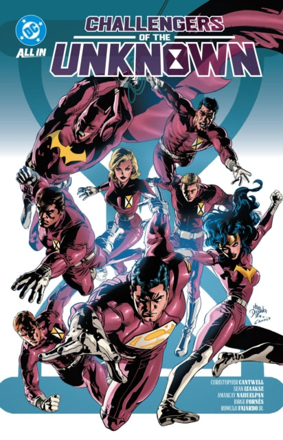 Comic book cover featuring 'Challengers of the Unknown' with characters in action poses against a blue background.