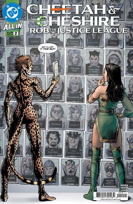 Comic book cover featuring Cheetah and Cheshire from Justice League with a wall of mugshots in the background.
