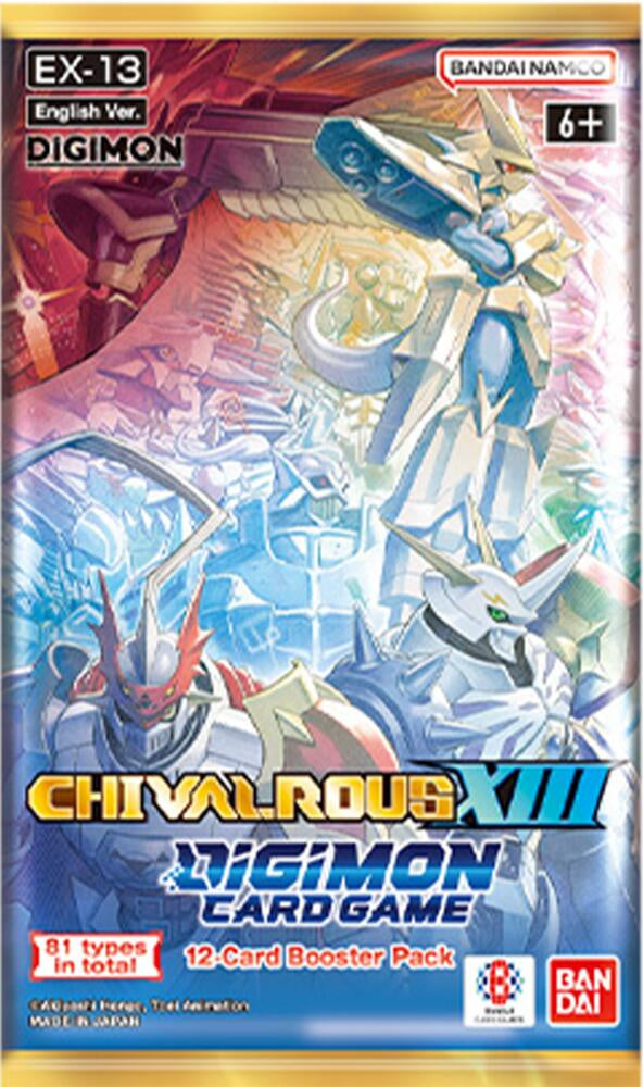 Front of a Digimon Chivalrous XIII card game booster pack, showing illustrated mecha characters in blue, white, and red artwork with the title and Bandai Namco branding.