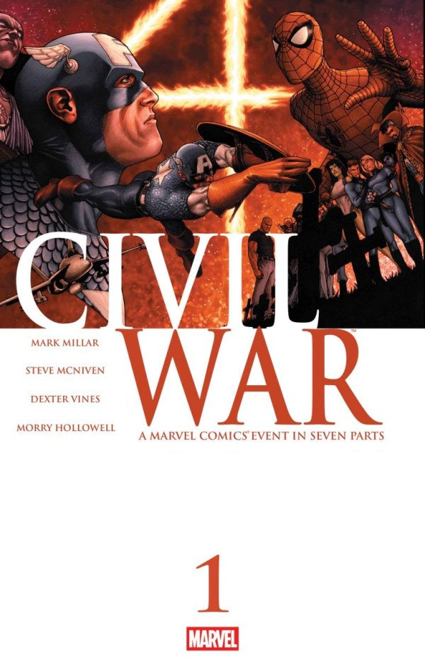 Comic book cover of 'Civil War' featuring superhero characters with the Marvel logo.