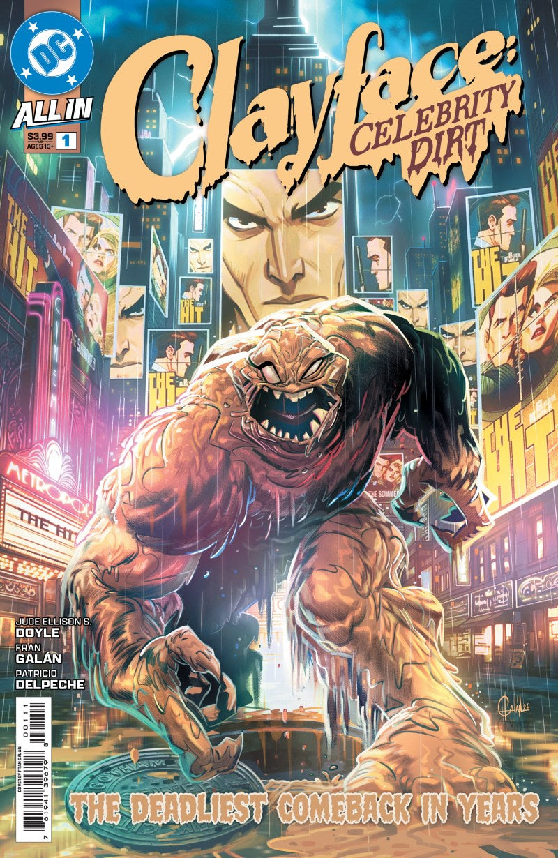 Comic book cover featuring a creature and a face with the title 'Clayface: Celebrity Dirt'.