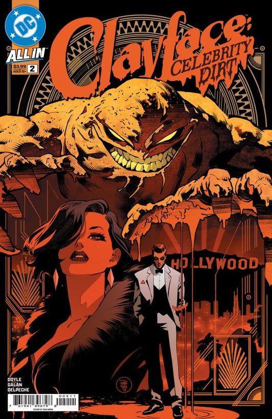Comic book cover for Clayface: Celebrity Dirt #2, featuring Clayface as a large monstrous figure above a woman and a man in a suit, with the DC logo and DC Allin branding visible.