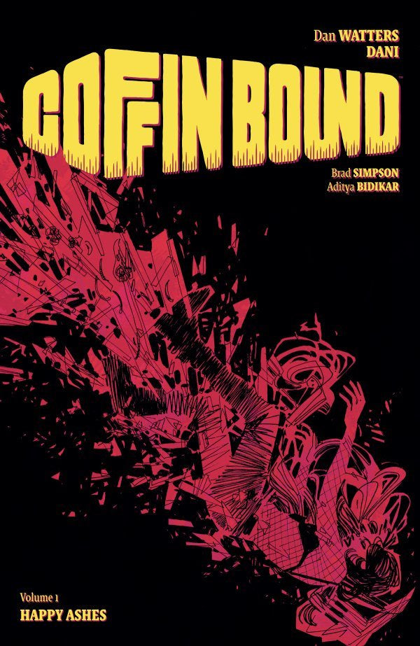 Comic book cover of 'Coffin Bound' with yellow text and red abstract design on black background