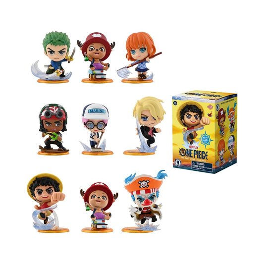 Set of 'One Piece' themed figurines with packaging on a white background