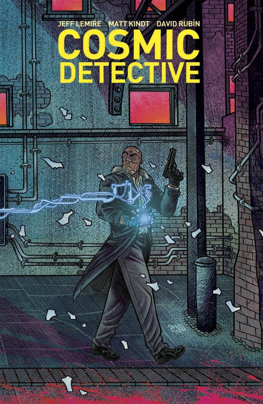 Comic book cover of 'Cosmic Detective' with a character holding a gun and glowing energy.